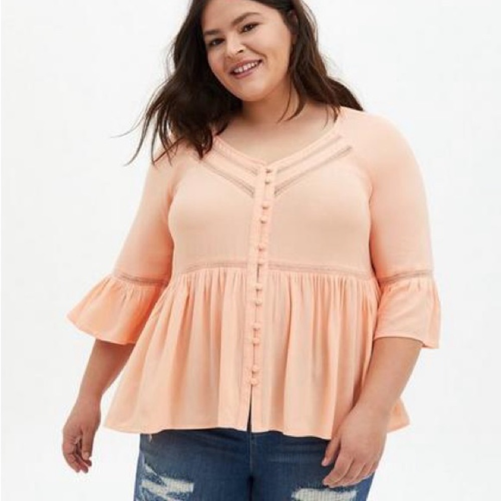 Torrid blouse orange bell sleeve peasant prairie women’s size 1 / 1x embroidered